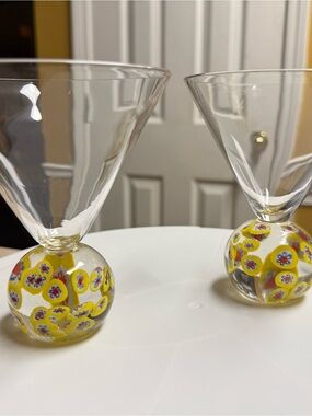 Vintage Hand-Blown Millefiori Art Glass Martini Glasses Yellow Orb Stem Set of 2